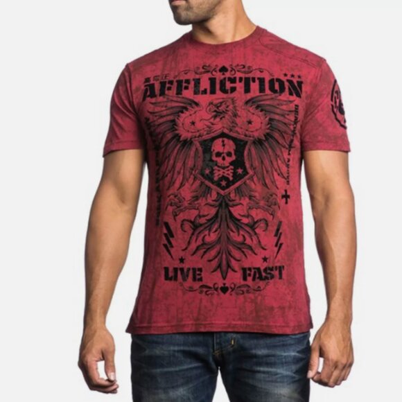 Affliction Textured Velour Eagle Skull Short Sleeve Tee Red/Black Size Large - Picture 1 of 7